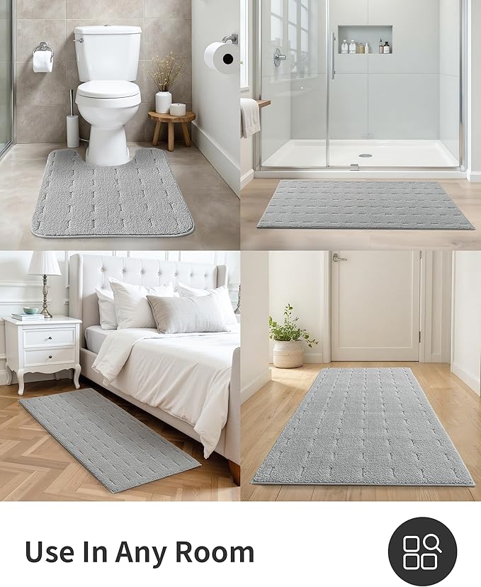 ILANGO Grey 60120 Bathroom Rugs Bath Mat Set, Dries Quickly,Non Slip Fluffy Shaggy Bath Washable Mats Set for Bathroom,Tub