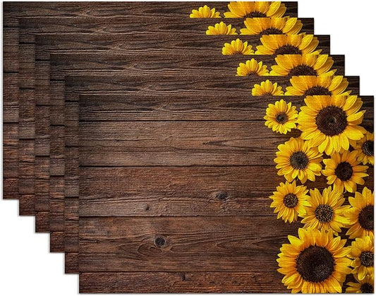 Sunflowers Wooden Placemats Set of 6,Washable Heat Resistant 12×18 Inch Linen Table Mats,Place Mats for Party Outdoor Dining Decor