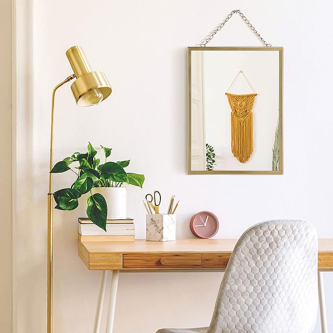 Gold Hanging Mirror with Chain, 12 x 16 Inch Rustic Wall Decor for Bathroom, Entry, Dining Room, and Living Room. Metal Rectangle Vanity Mirror, Decorative Mirror.