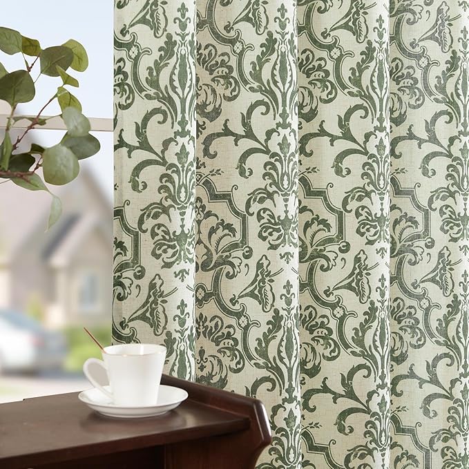 jinchan Linen Curtains for Bedroom & Living Room - Moss Green Damask Patterned Curtains, 84 Inches Long, Light Filtering, Vintage Baroque Style Drapes with Grommet Window Treatments - 2 Panels Set