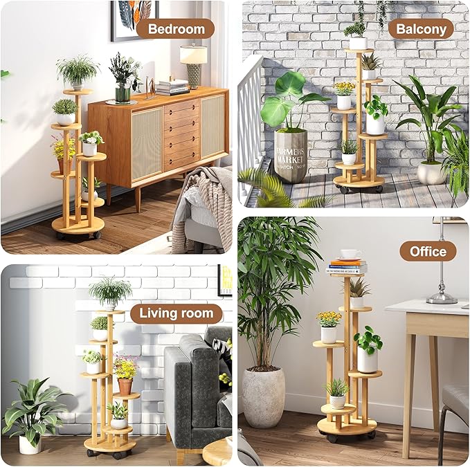 FILWH Plant Stand For Outdoor Indoor Tall Bamboo Flower Stand with Wheels Plant Shelf Pot Holder Plants Corner Display Rack for Balcony Garden Patio(Natural)