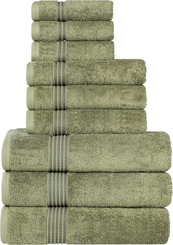Superior Egyptian Cotton 9-Piece Towel Set, Assorted Towels, Home Bathroom, Master, Guest Bath, Decor Essentials, Includes 3 Bath, 3 Hand, 3 Face Towels/Washcloths, Quick Dry, Absorbent, Forest Green