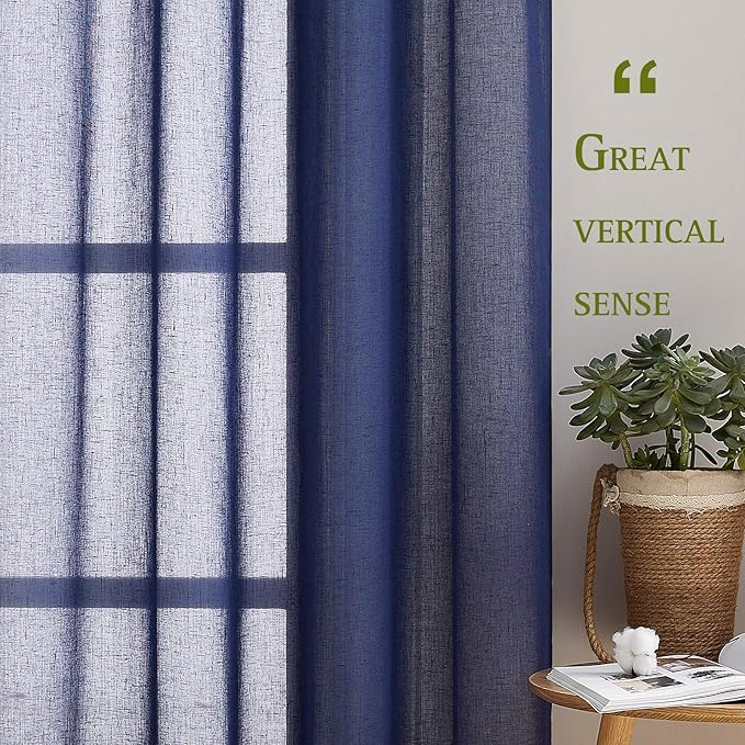 NICETOWN Linen Textured Sheer Bedroom Window Curtains, Grommet Semitransparent Vintage Natural Open Linen Wave Privacy Sheer Draperies for Hall/Villa, Dark Blue, 52W by 84L, Set of 2