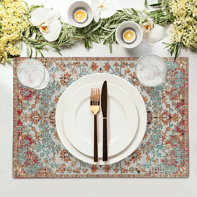Ethnic Boho Placemats Set of 6 Bohemian Carpet Vintage Black Coral Floral Linen Washable Kitchen Dining Table Mats Stain Heat-Resistant Desktop Decor Place Mats for Home Party Indoor 12x18 in