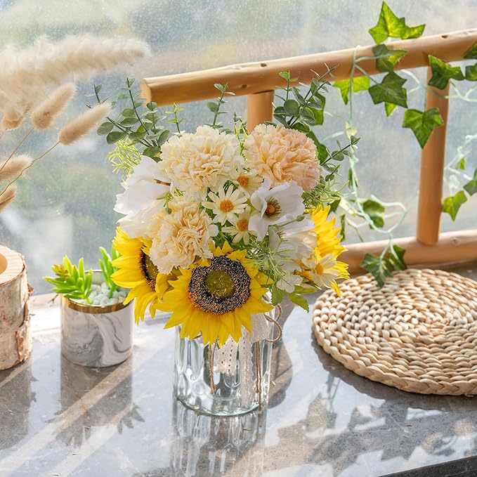 LUEUR Fake Flowers Artificial Sunflowers with Vase, Faux Silk Carnation,Daisy Flowers for Home Office Decorations, Kitchen Dining Table Decor, Farmhouse Centerpiece Table Decoration