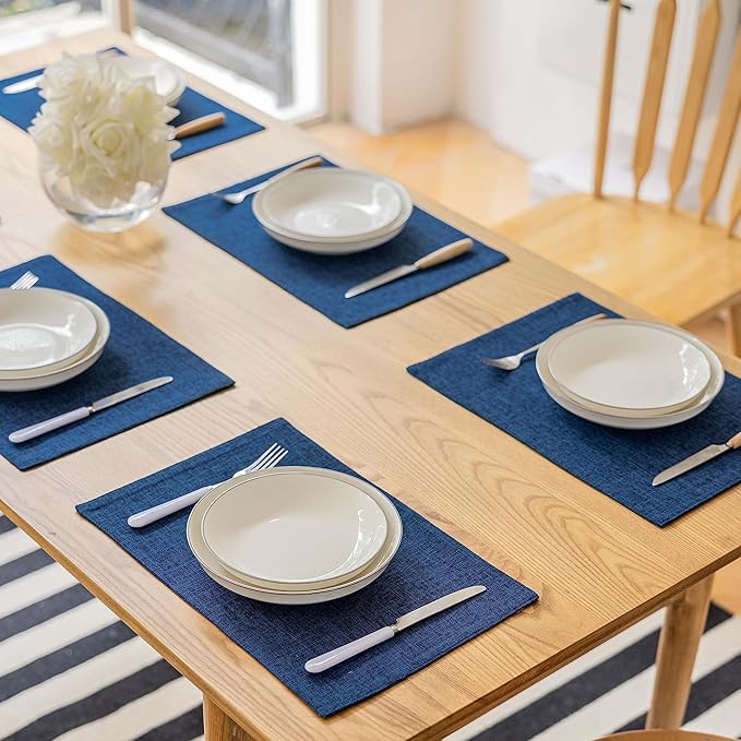 Demetex Place Mats Set of 6 Farmhouse Heat Resistant Table Linen Placemats for Party Buffet and Camping, Navy Blue