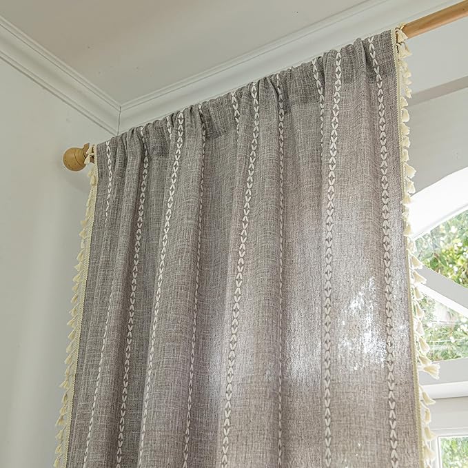Sutuo Home Boho Curtains for Bedroom Living Room, Semi Blackout Linen Farmhouse Shabby Chic Tassels Window Treatment Bohemian Embroidery Drape, Rod Pocket 1 Panel 52" W x 72" L, Brown