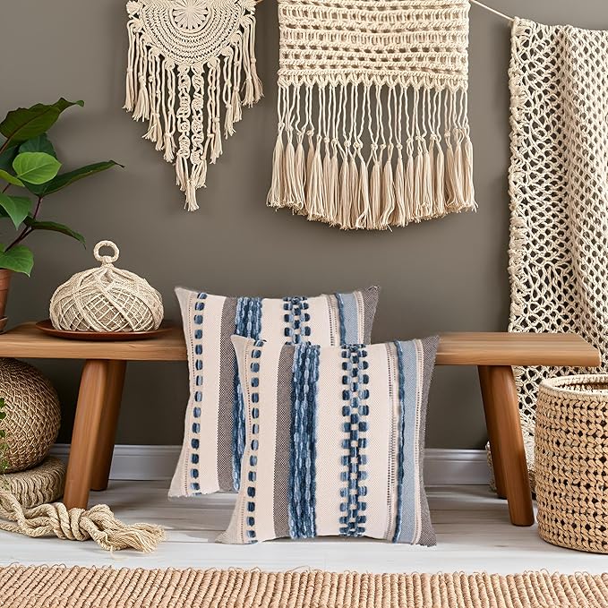 Tosleo Boho Throw Pillow Covers 18x18 Set of 2 Striped Decorative Pillow Cases Accent Chenille Pillowcases Farmhouse Cushion Case Bohemian Nuetral Textured Coastal Pillow Cover,Sky Blue