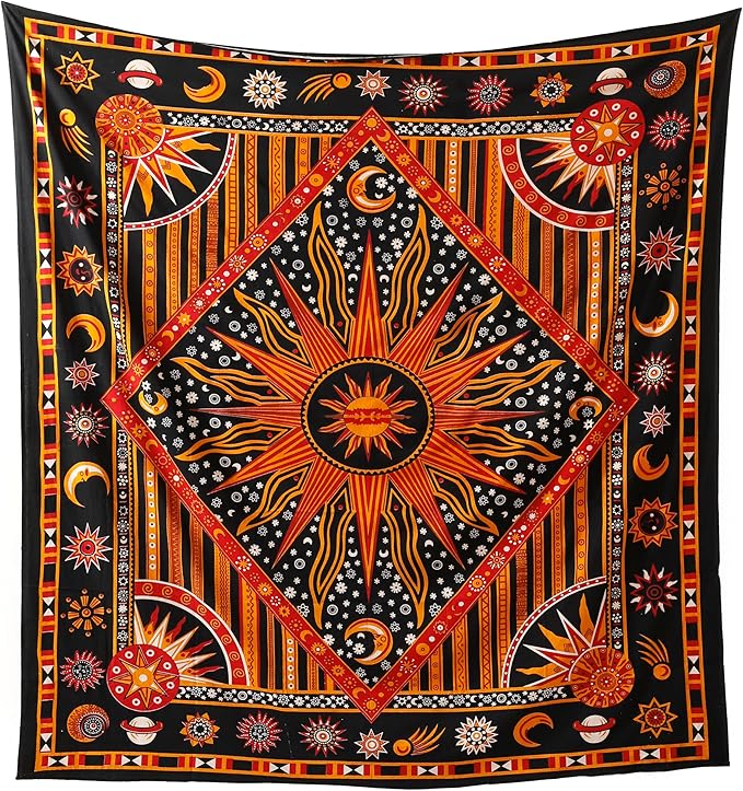 Popular Handicrafts Tapestry Wall Hanging Burning Sun and Moon Hippie Mandala Bohemian Hippy Intricate Indian Tapestry 84x90 Inches (215cm x 230cm) Golden