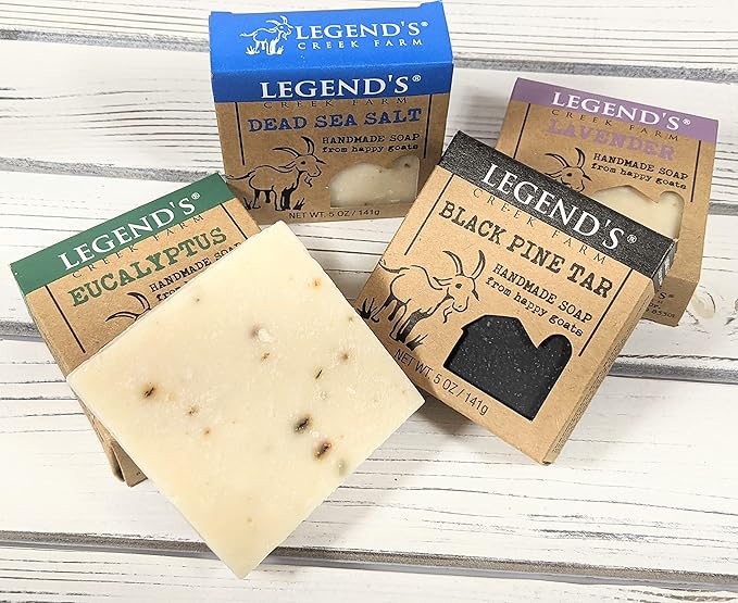 Legend's Creek Farm Goat Milk Soap - Cleansing Moisturizing Soap Bar for Hands and Body - 5 Oz Natural Soap for Sensitive Skin, Handmade in USA (4-Pack: Dead Sea, Eucalyptus, Lavender, Pine Tar)