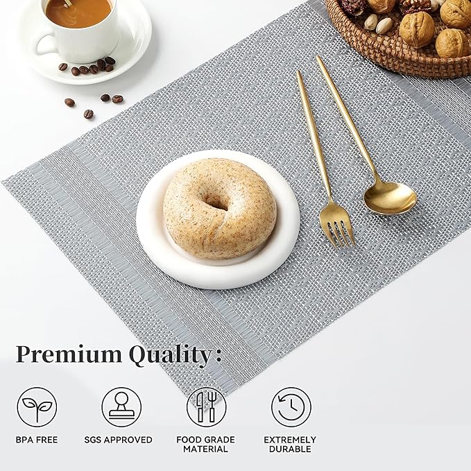Leetaltree Lunar Grey Placemats Set of 6 - Heat Resistant Non-Slip Place mats for Dining Table, Washable Durable PVC Vinyl Woven Table Mats(Lunar Grey, 6)