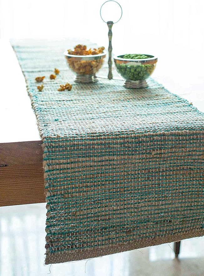 Chardin home Eco-Friendly Natural Jute/Cotton Table Runner, Size: 13”x72”. Jute/Aqua-Turquoise