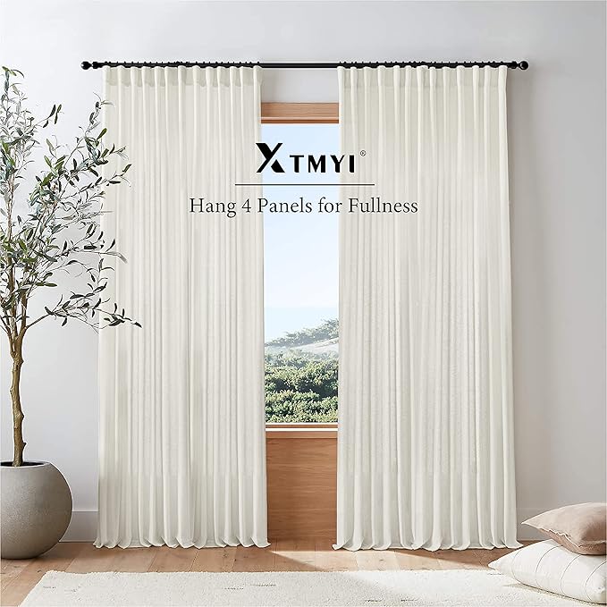 XTMYI 86 Inch Linen Curtains,2 Panels Set Semi Sheer Boho Back Tab Pleated Rod Pocket Curtain Drapes for Living Room Bedroom,Cream Ivory,40x86 in Long