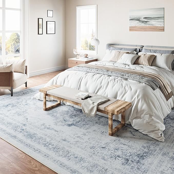 Washable Rug 9x12 Area Rug for Living Room Blue Vintage Boho Medallion Large Distressed Retro Carpet Non Slip Indoor Low Pile Small Soft Bedroom Dining Room Home Office