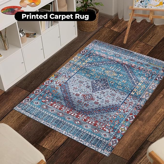 Washable Soft Small Boho Area Rugs, Rags Rug, Printed Carpet Chennile Rugs for Living Room 27x45 inch Teal Blue Multi,Machine Washable Printed Rugs - 30% Cotton, 70% Polyester