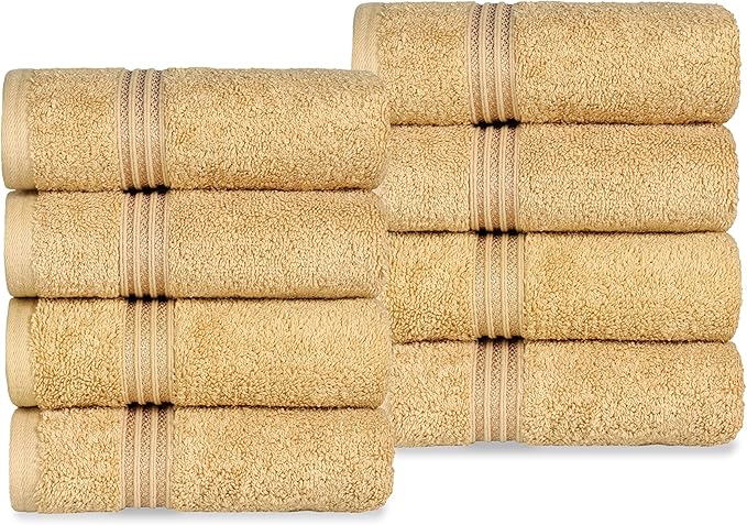 Superior Egyptian Cotton 8-Piece Hand Towel Set, Towel Basics for Quick Dry, Absorbent Small Towels, Facial, Spa, Kitchen, Bathroom Essentials, Apartment, Guest Bath, Soft, Washcloth, Gold