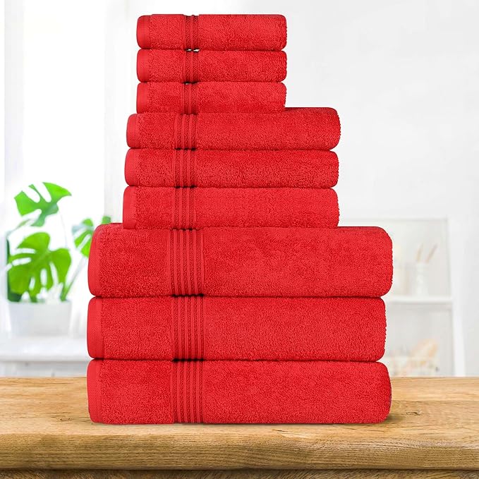 Superior Egyptian Cotton 9-Piece Towel Set, Assorted Towels for Home Bathroom, Master, Guest Bath, Decor Essentials, Includes 3 Bath, 3 Hand, 3 Face Towels/Washcloths, Quick Dry, Absorbent, Red