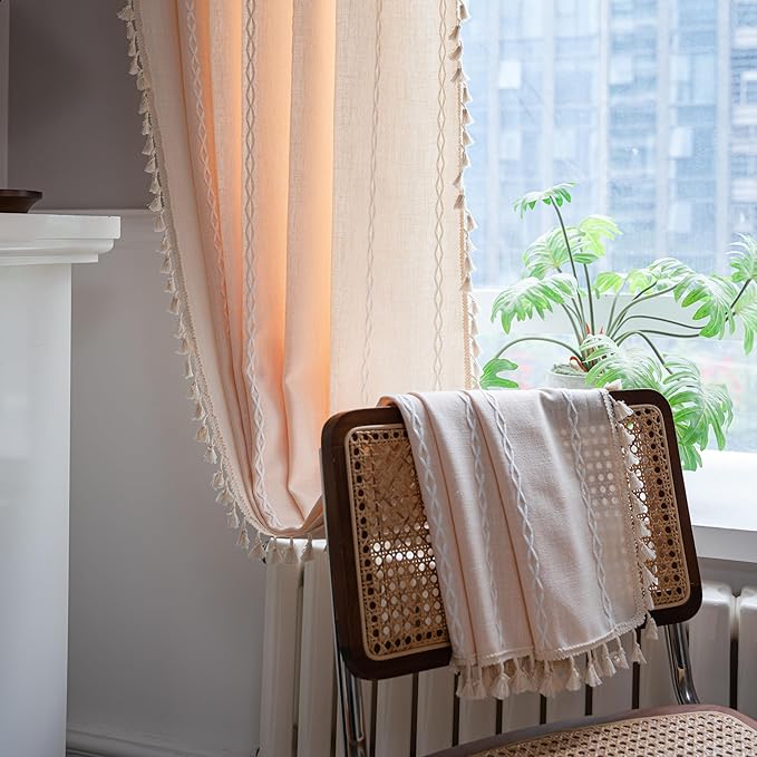 Sutuo Home Boho Curtains for Bedroom Dining Room Kitchen, Semi Blackout Linen Farmhouse Shabby Chic Tassels Window Treatment Bohemian Embroidery Drape, Rod Pocket 1 Panel 52" W x 63" L Champagne