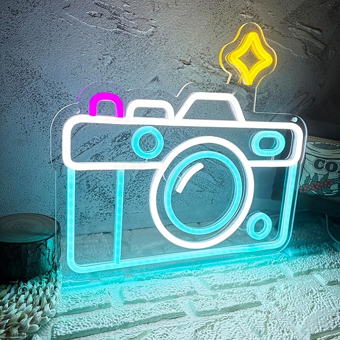 Camera Neon Sign, Dimmable USB Powered LED Cute Photography Studio Camera Neon Light, Camera Store Wall Art for Party Cafe Shop Photo Studio Living Room Decor Enthusiasts Birthday Gift (13.3*12.2in)