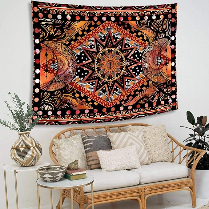 Fowocu Orange Sun and Moon Tapestry Wall Hanging, Indie Hippie Mandala Cool Wall Tapestries, Aesthetic Tapestry for Bedroom Living Room Dorm (Orange, 70.8'' × 90.5'')