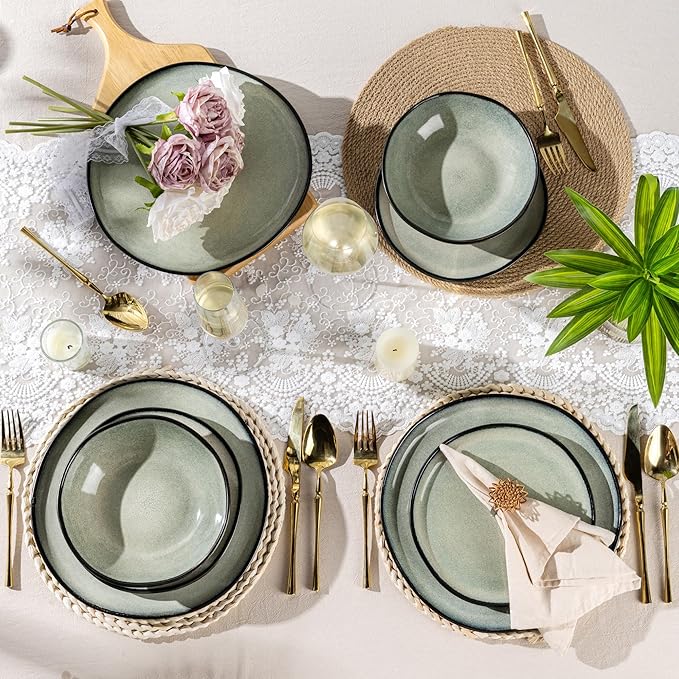 AmorArc Ceramic Dinnerware Sets,Handmade Reactive Glaze Stoneware Plates and Bowls Set,Highly Chip and Crack Resistant | Dishwasher & Microwave Safe Dishes Set,Service for 4 (12pc)