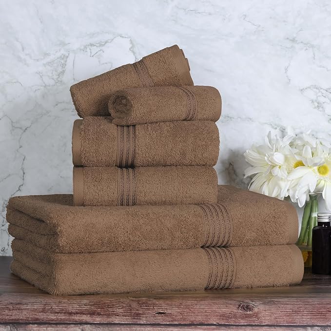 Superior Egyptian Cotton 6-Piece Towel Set, Bathroom Essentials, Towels For Bathroom, Apartment, Airbnb, Guest Bath, Face, Hand, Bath Towels, Washcloths, Absorbent, Fast Drying, Mocha