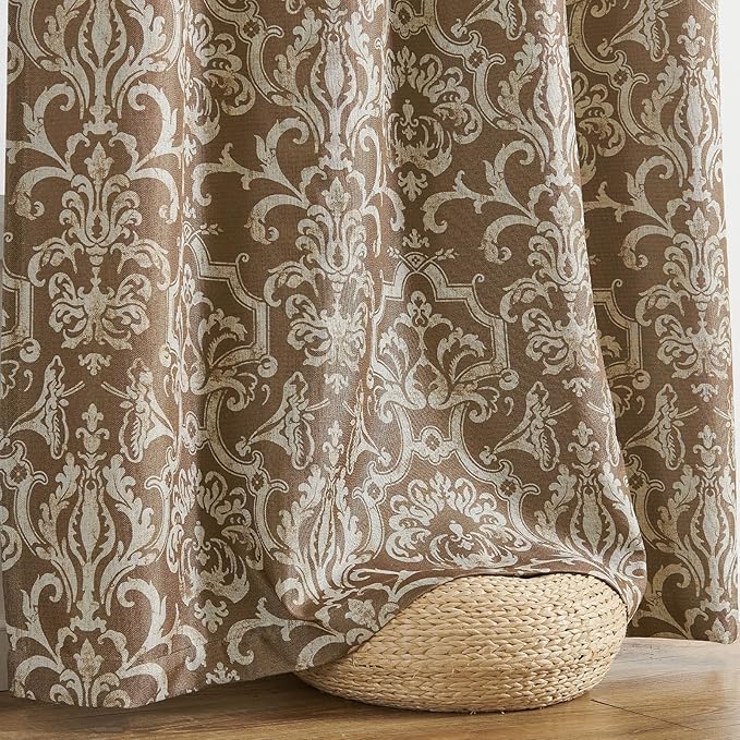 jinchan Room Darkening Curtains for Bedroom Brown Damask Patterned Curtains 108 Inch Length for Living Room Linen Textured Vintage 9FT Long Drapes Medallion Window Treatments Grommet Top 2 Panels Set