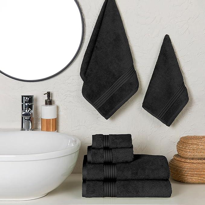Elegant Comfort Premium Cotton 6-Piece Towel Set, Includes 2 Washcloths, 2 Hand Towels and 2 Bath Towels, 100% Turkish Cotton - Highly Absorbent and Super Soft Towels for Bathroom, Black