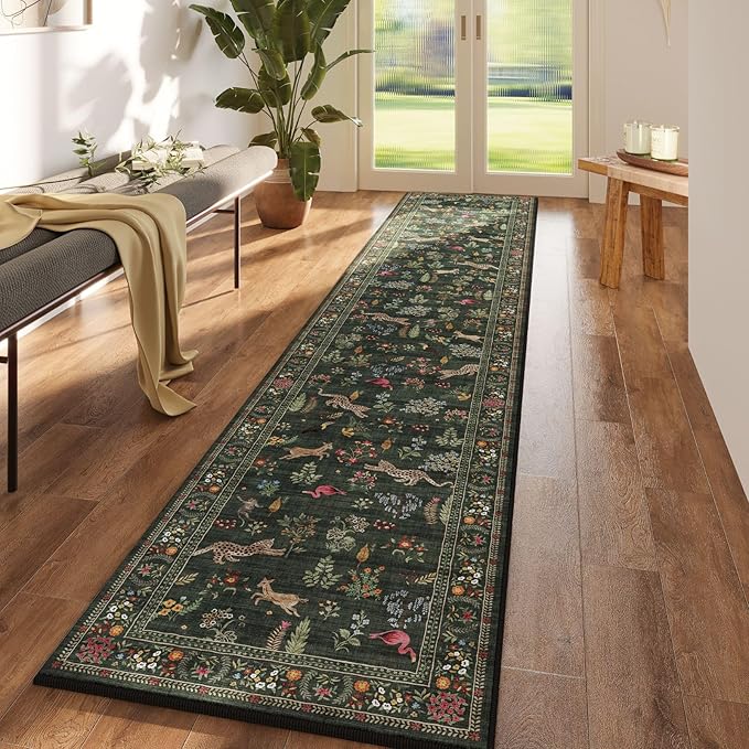 Runners for Kitchen Rug Non Slip 2'x10' Long Washable Rugs with Rubber Backing Soft Floral Animal Carpet Runner for Kitchen, Laundry, Bedroom, Bathroom (Green)