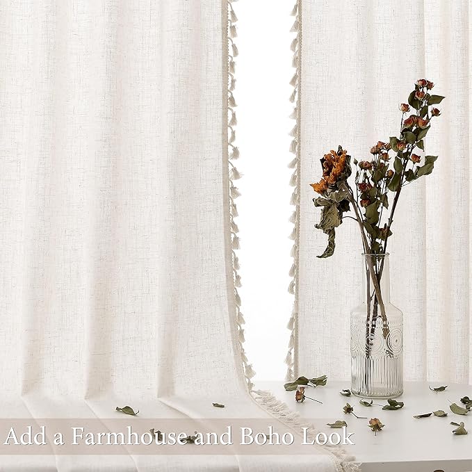 Beige Boho Linen Curtains 72 Inches Long 2 Panels Textured Farmhouse Semi Sheer Window Curtains Tassels Back Tab Neutral Light Filtering Chic Curtain Drapes for Living Room Bedroom 52x72