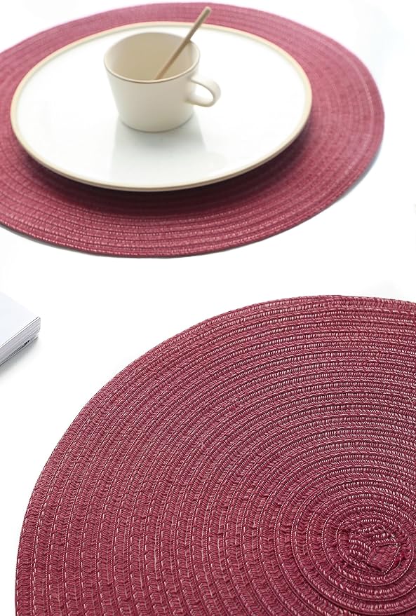 Floroom 15 Inch Round Braided Placemats Set of 6, Washable Heat Resistant Cotton Polyester Circle Place Mats for Kitchen Dining Table - Burgundy