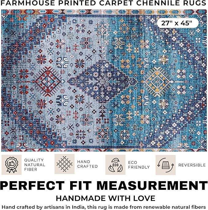 Washable Soft Small Boho Area Rugs, Rags Rug, Printed Carpet Chennile Rugs for Living Room 27x45 inch Teal Blue Multi,Machine Washable Printed Rugs - 30% Cotton, 70% Polyester