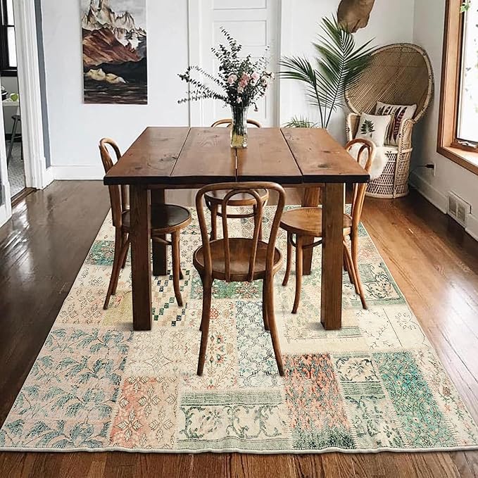 Area Rug 6x9 for Living Room,Boho Floral Botanical Plaid Geometric Print Neutral Washable Stain Resistant Farmhouse Rugs for Dining Room Table,Light Tan Beige Brown and Dark Green Rust Burnt Orange
