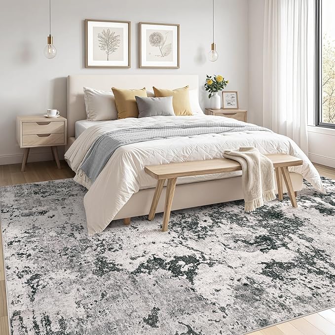 Area Rugs for Living Room: 7x9 Abstract Washable Rug Large Soft Stain Resistant Non-Slip Backing for Bedroom Dining Room Indoor Home Office Carpet for Kids Pet Friendly Families - Dark Grey