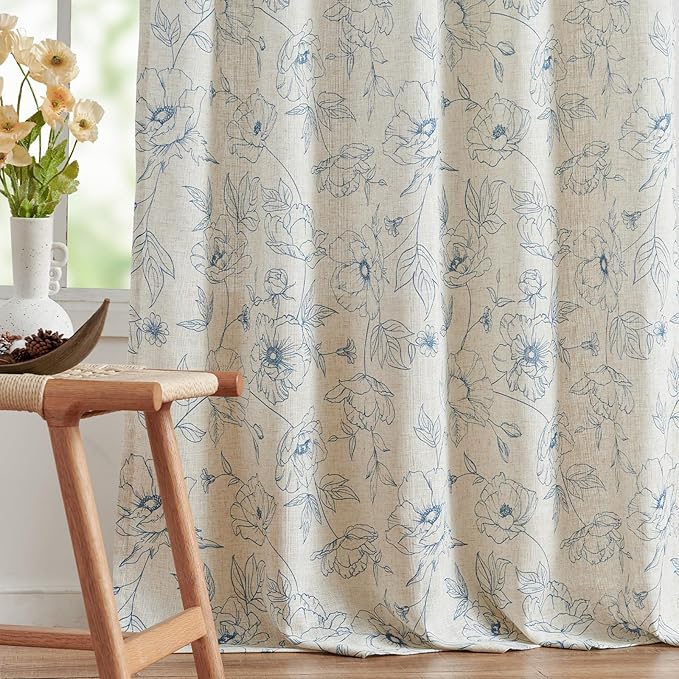 jinchan Floral Linen Curtains for Living Room 96 Inch Length Blue Flower Curtain Rod Pocket Back Tab Farmhouse Curtains with Printed Floral Bedroom Window Curtain Set, 2 Panels Blue