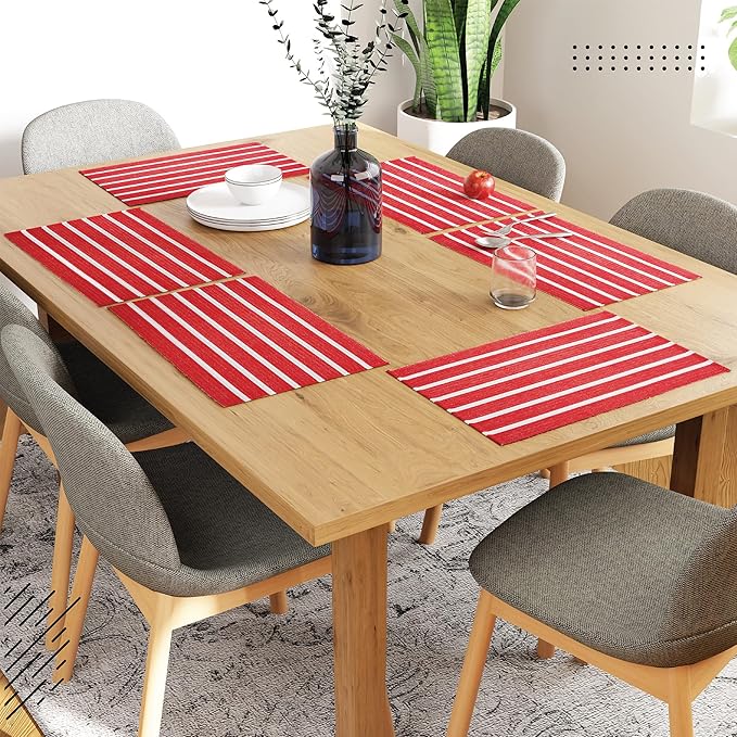 Encasa XO Dining Placemat Set of 6 | Roma Red Stripes Color | Fine Ribbed Cotton Table mat | Size 19x13 in | Machine Washable
