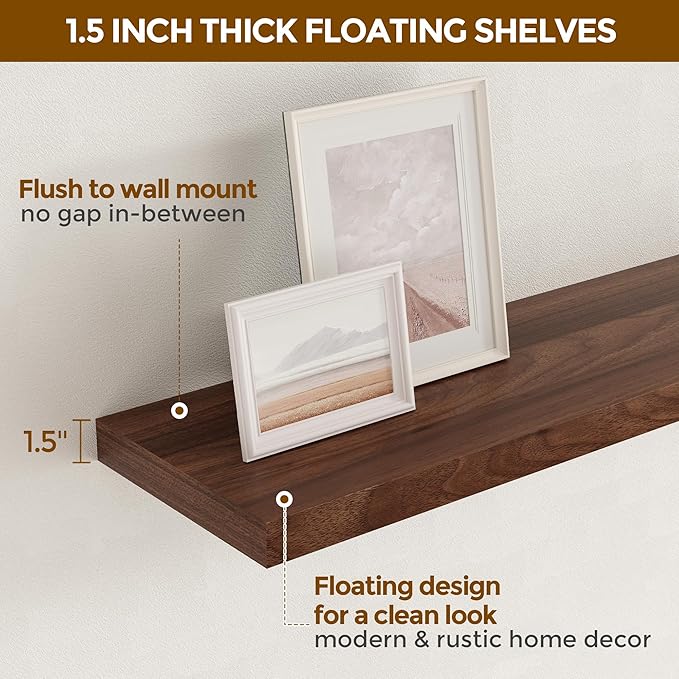 48"W x 9"D Floating Shelves Set of 2, 9.3 Inch Deep Floating Shelves Wall Mounted, Wide Wall Shelves Invisible Bracket, Deep Storage Shelves for Living Room, Bathroom, Kitchen, Walnut Color