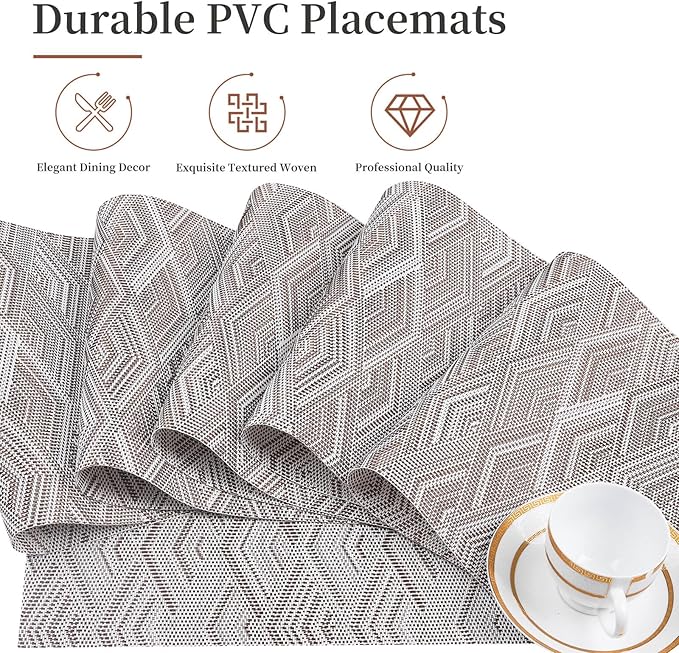 Vinyl Plastic Placemats Set of 6 Washable Heat Resistant Non-Slip Elegant Indoor Outdoor Kitchen Dining PVC Woven Table Place Mats (Brown Rhombus)