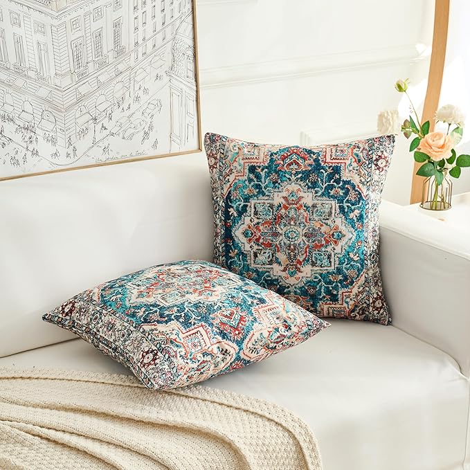 Boho Throw Pillow Covers 22x22 inch Set of 2,Boho Vintage Carpet Pattern Antique Ethnic Decor Double Sided Pattern Cushion Cover Soft Pillow Case Living Sofa Room Bed Square Pillow Cover