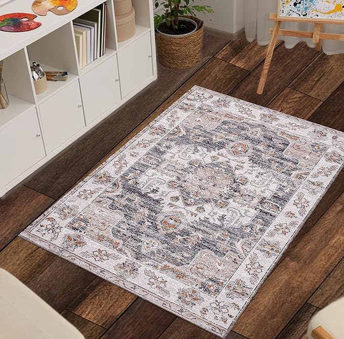 Washable Soft Small Boho Area Rugs, Rags Rug, Printed Carpet Chennile Rugs for Living Room 27x45 inch Dk Grey Rust Multi,Machine Washable Printed Rugs - 30% Cotton, 70% Polyester