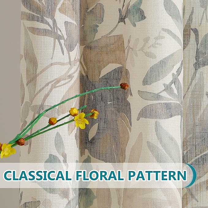 MYSKY HOME Floral Semi Sheer Curtains 108 Inches Long - Light Filtering Drapes for Living Room and Bathroom - Printing Window Treatment With Grommets, 2 Panels, Brown and Natural