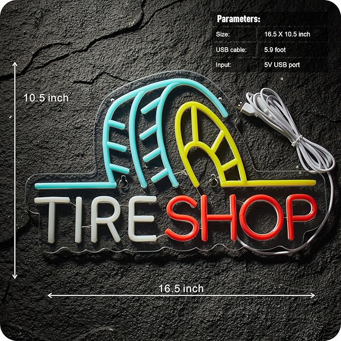 Tire Shop Neon Sign Garage Tire Store LED Light for Wall Decor Auto Supplies Car Service Repair Workshop USB Powered Dimmable 16.5 x 11 inches