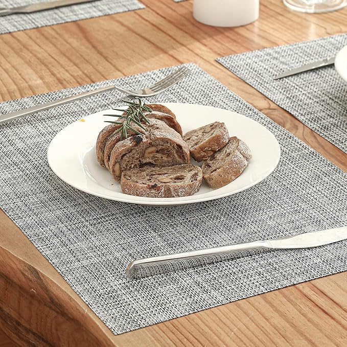 Leetaltree Linen Grey Placemats Set of 8 - Heat Resistant Non-Slip Place mats for Dining Table, Washable Durable PVC Vinyl Woven Table Mats(Linen Grey, 8)