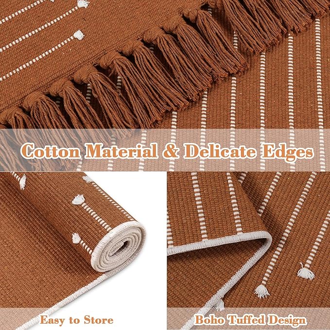 LIVEBOX Boho Bathroom Rug 2' x 3' Washable Burnt Orange Small Moroccan Throw Rug for Bath,Cotton Woven Area Rug Carpet with Tassel for Entryway Kitchen Sink Front Door Fall Bathroom Decor