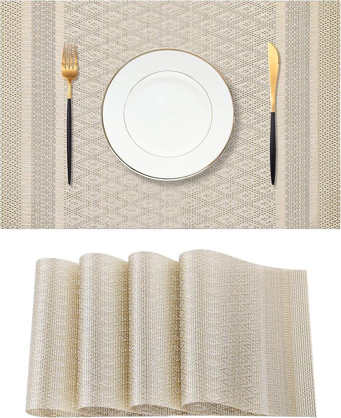 Leetaltree Stardust Yellow Placemats Set of 4 - Heat Resistant Non-Slip Place mats for Dining Table, Washable Durable PVC Vinyl Woven Table Mats(Stardust Yellow, 4)