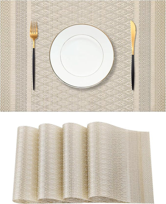 Leetaltree Stardust Yellow Placemats Set of 4 - Heat Resistant Non-Slip Place mats for Dining Table, Washable Durable PVC Vinyl Woven Table Mats(Stardust Yellow, 4)