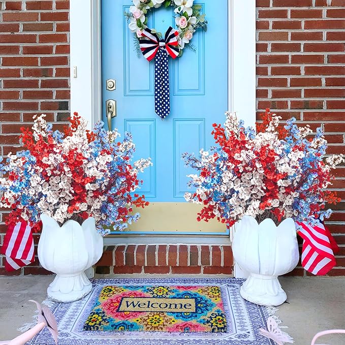 Uieke 15 Pcs 4th of July Artificial Flowers Fake Patriotic Babys Breath Flowers for Independence Day Decor Blue White Red Silk Flowers for Memorial Day Floral Arrangement Home Wedding