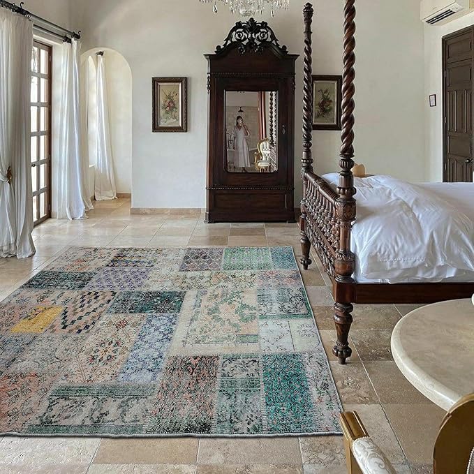 8x10 Washable Large Area Rugs for Living Room,Geometric Boho Rug for Bedroom,Beige Green
