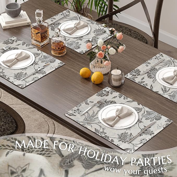 JINCHAN Linen Floral Fall Placemats Set of 4 Cloth Table Mats Rustic Cottagecore Jacobean Outdoor Seasonal for Kitchen Dining Table Decor Non-Slip Washable Tablemats 13x19 Inch Grey