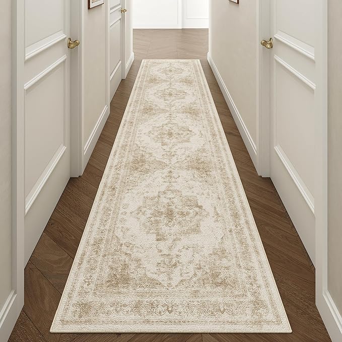 Runner Rug 2x8 Washable Beige Hallway Runner Vintage Boho Medallion Non Slip Distressed Retro Carpet Indoor Low Pile Long Soft Rug for Kitchen Entryway Bedroom Bathroom Laundry